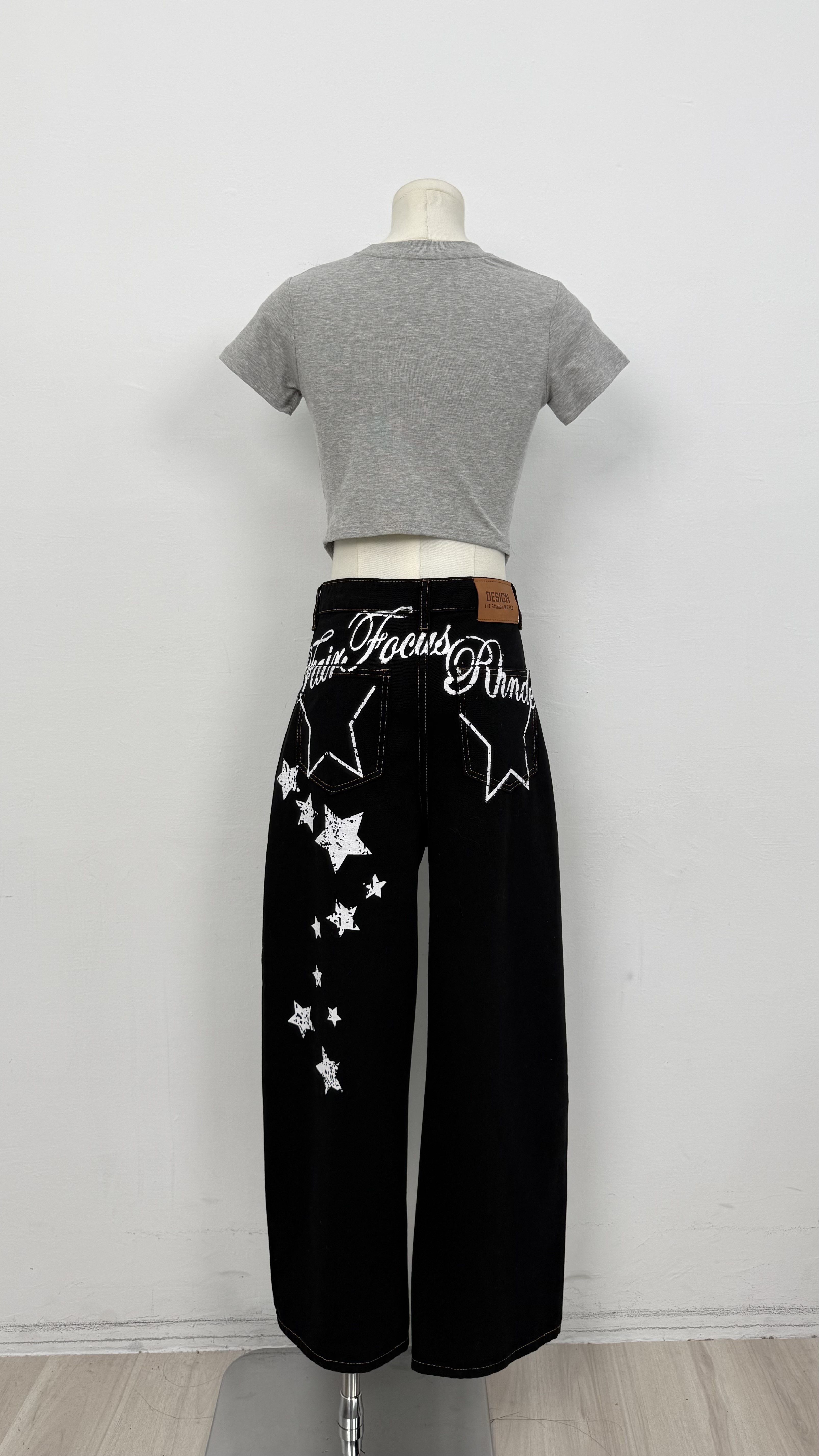 NEW油漆感星星黑色闊腿褲