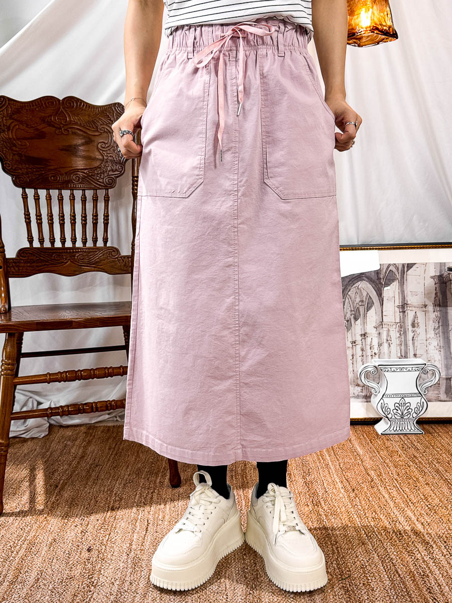 橡根腰束繩．扯布料半截裙 (有袋)