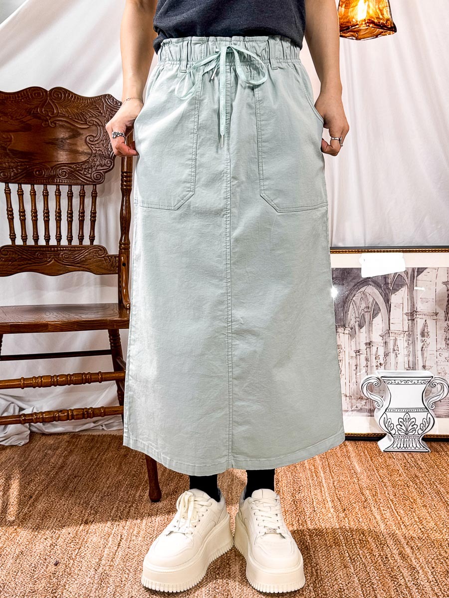 橡根腰束繩．扯布料半截裙 (有袋)