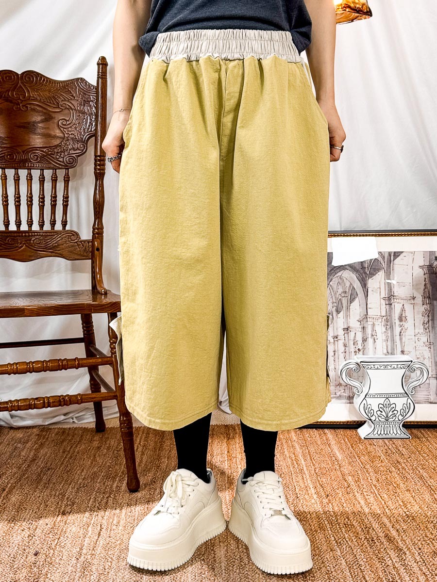 腳位扣鈕．腰位拼色．橡根腰 扯布料褲 (有袋)