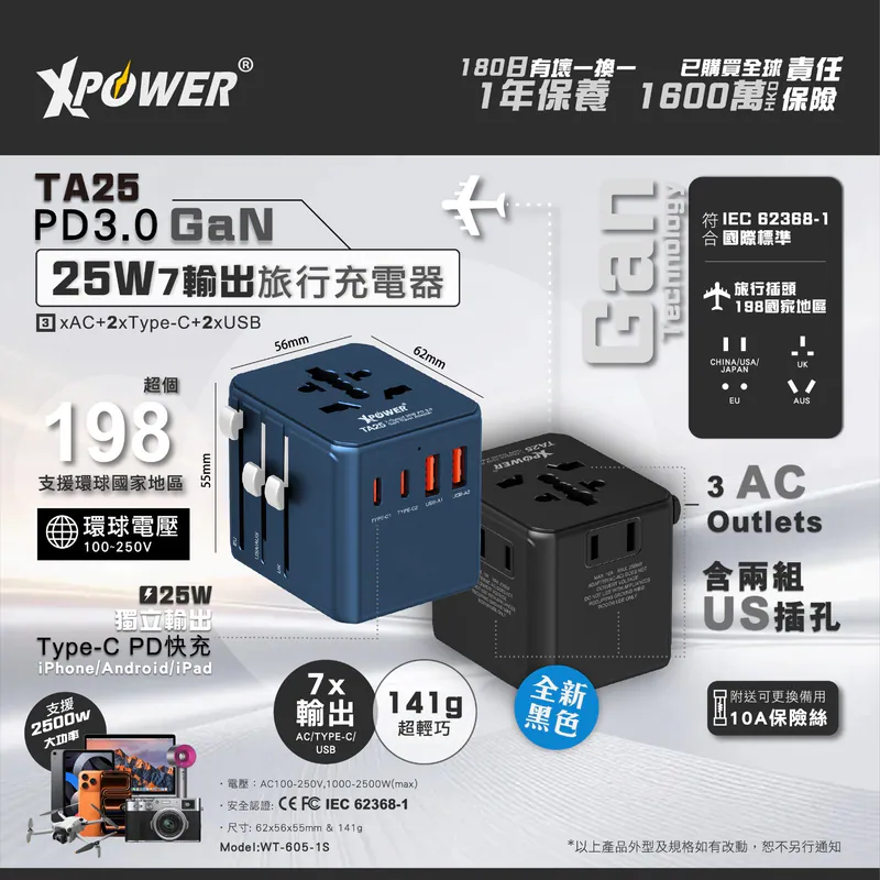 (早買限定優惠) XPower TA25 7輸出 PD/PPS 25W Gan旅行充電器(Black)