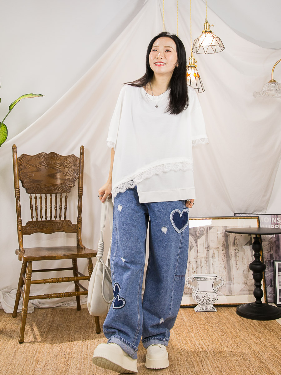 腰位內橡根．心心刺繡．爛爛牛仔褲 (有袋)