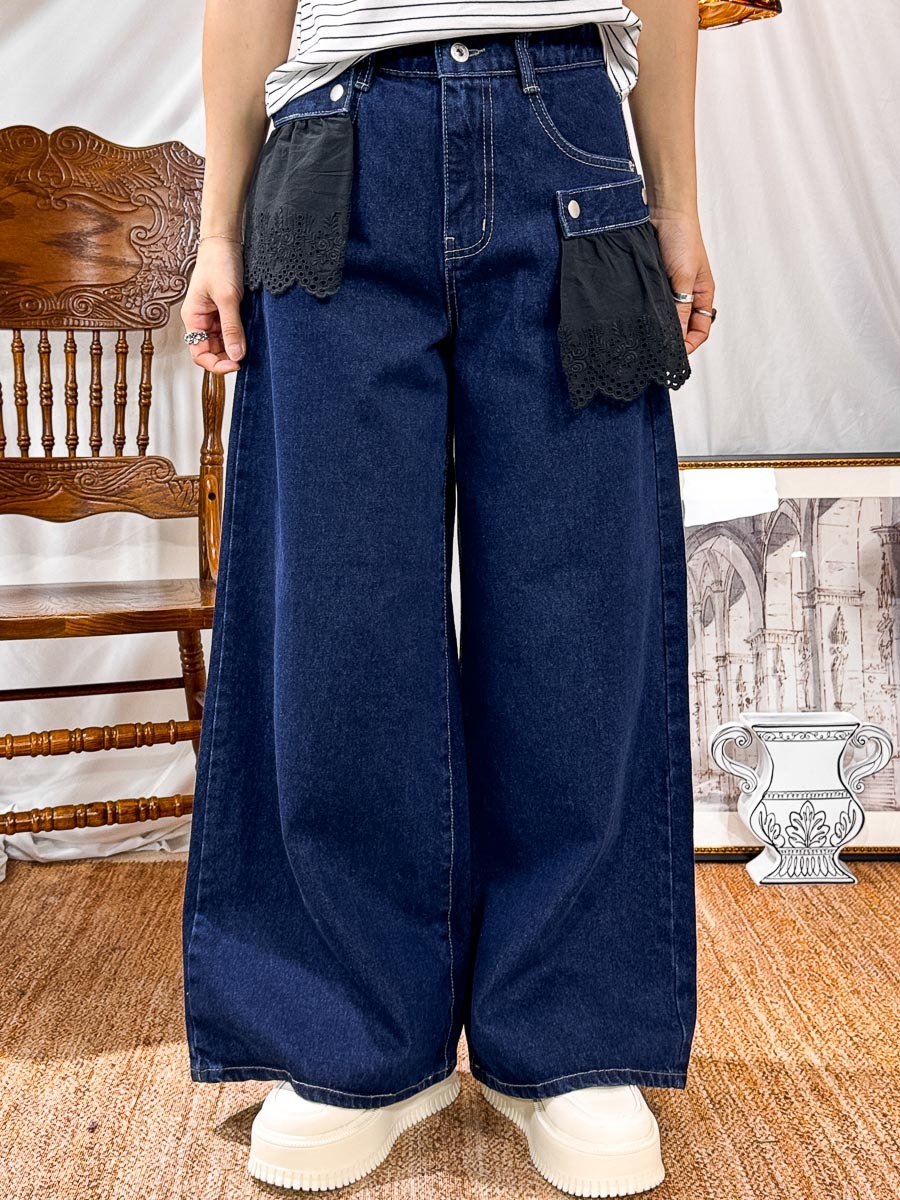 腰位內橡根．袋邊花刺繡麻棉料．牛仔直腳褲(有袋)