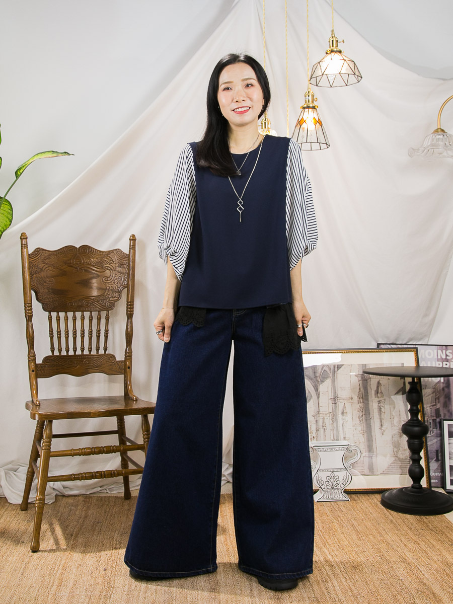 腰位內橡根．袋邊花刺繡麻棉料．牛仔直腳褲(有袋)