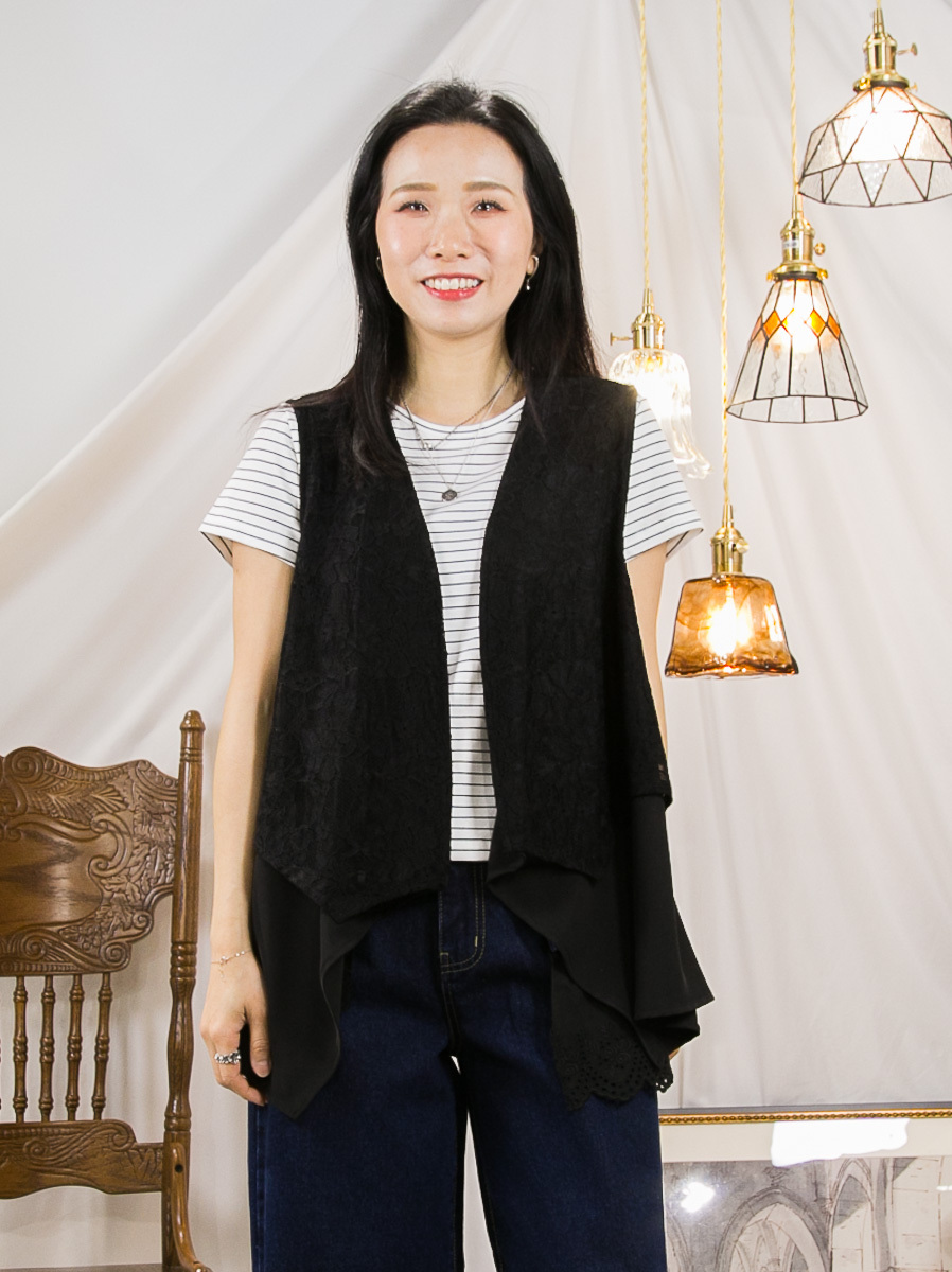 全開胸．DOUBLE LAYER LACE 拼 滑滑料．背心外套