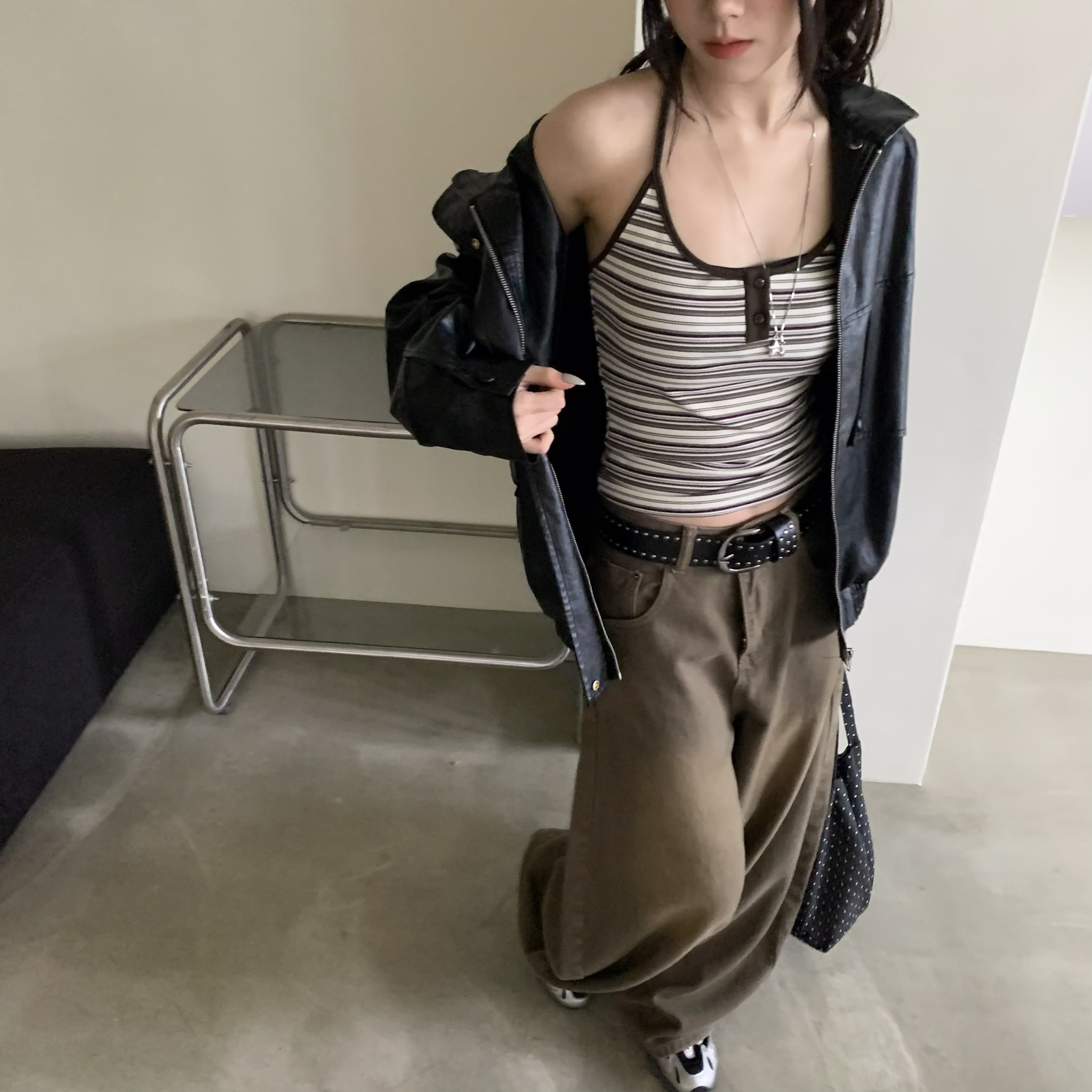 ISA_千禧亞比辣妹 撞色條紋小排釦繞脖吊帶_63013