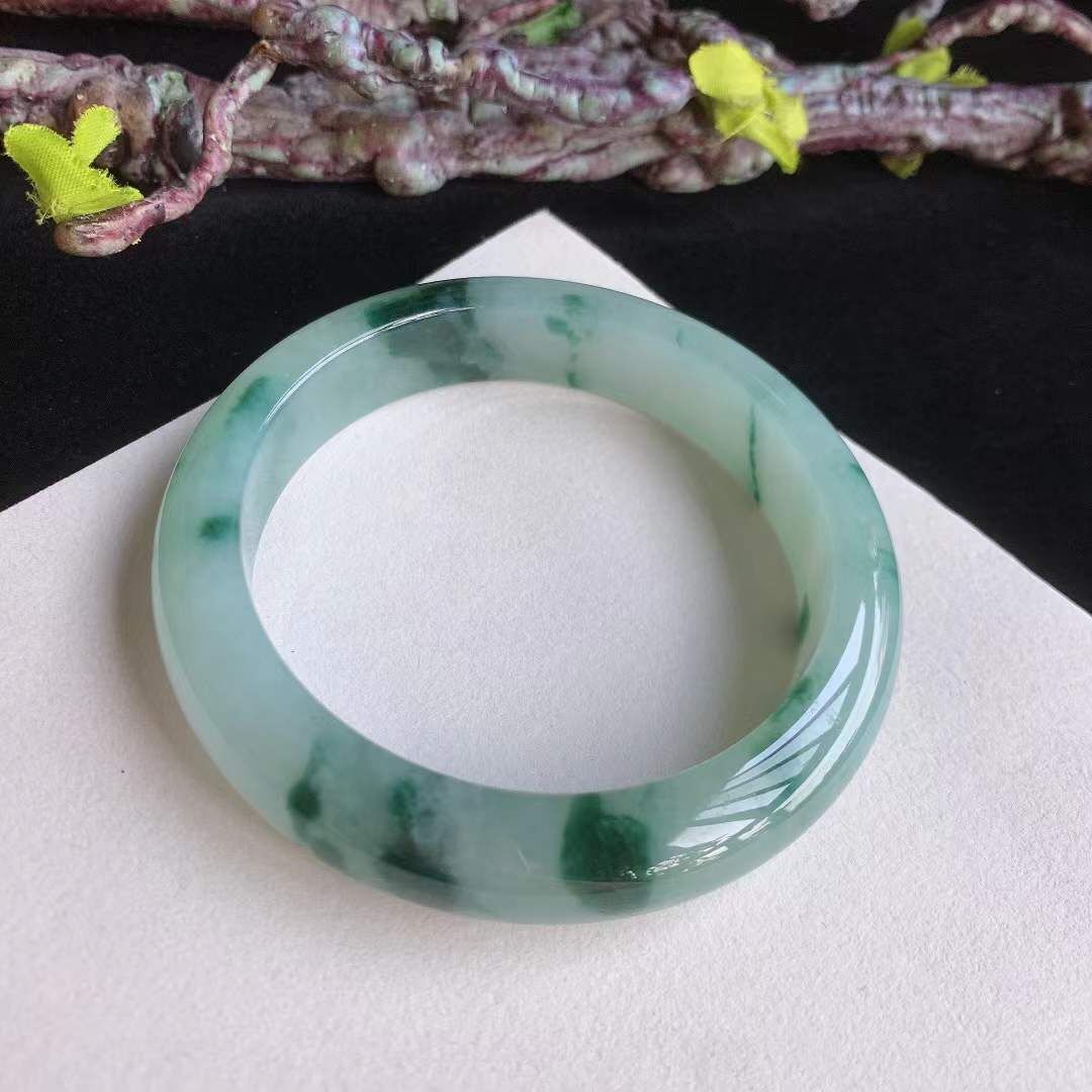 翡翠冰糯冰飄綠花正圈手鐲,天然翡翠A玉, 緬甸玉, Jade, Jadeite