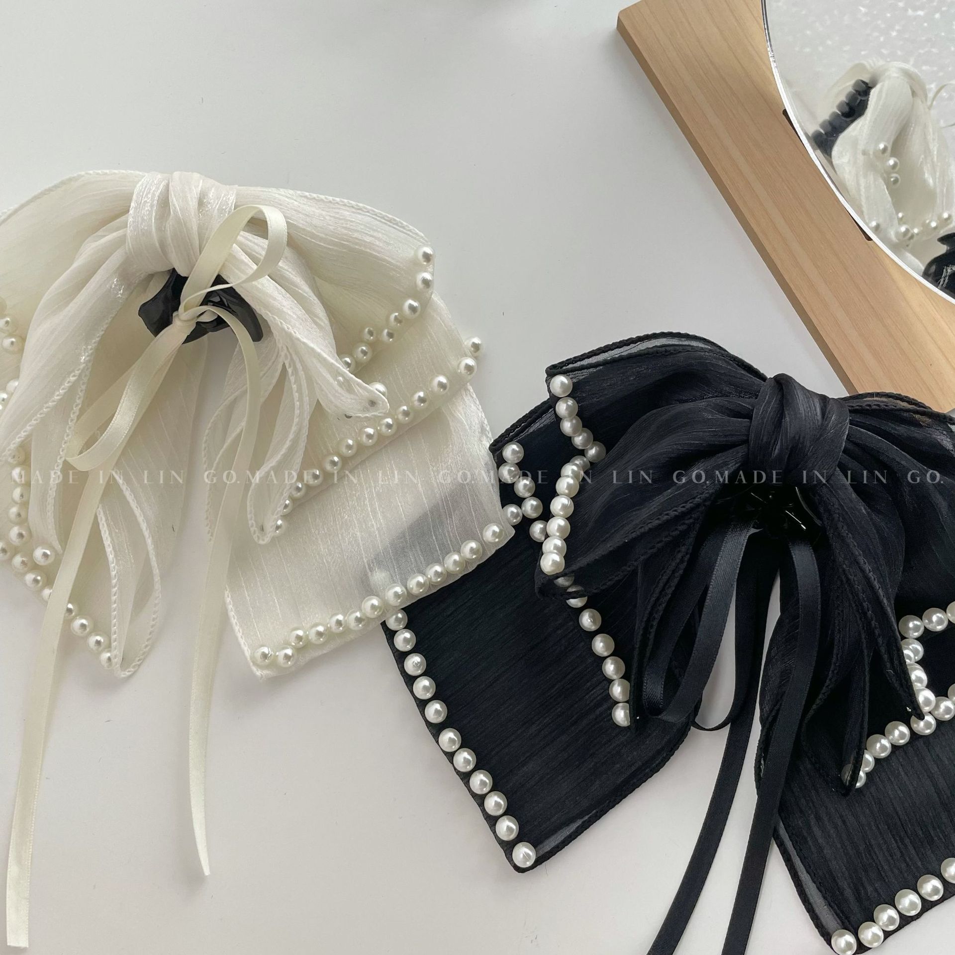 Ethereal Pearl Ribbon Bow Ponytail Hair Claw