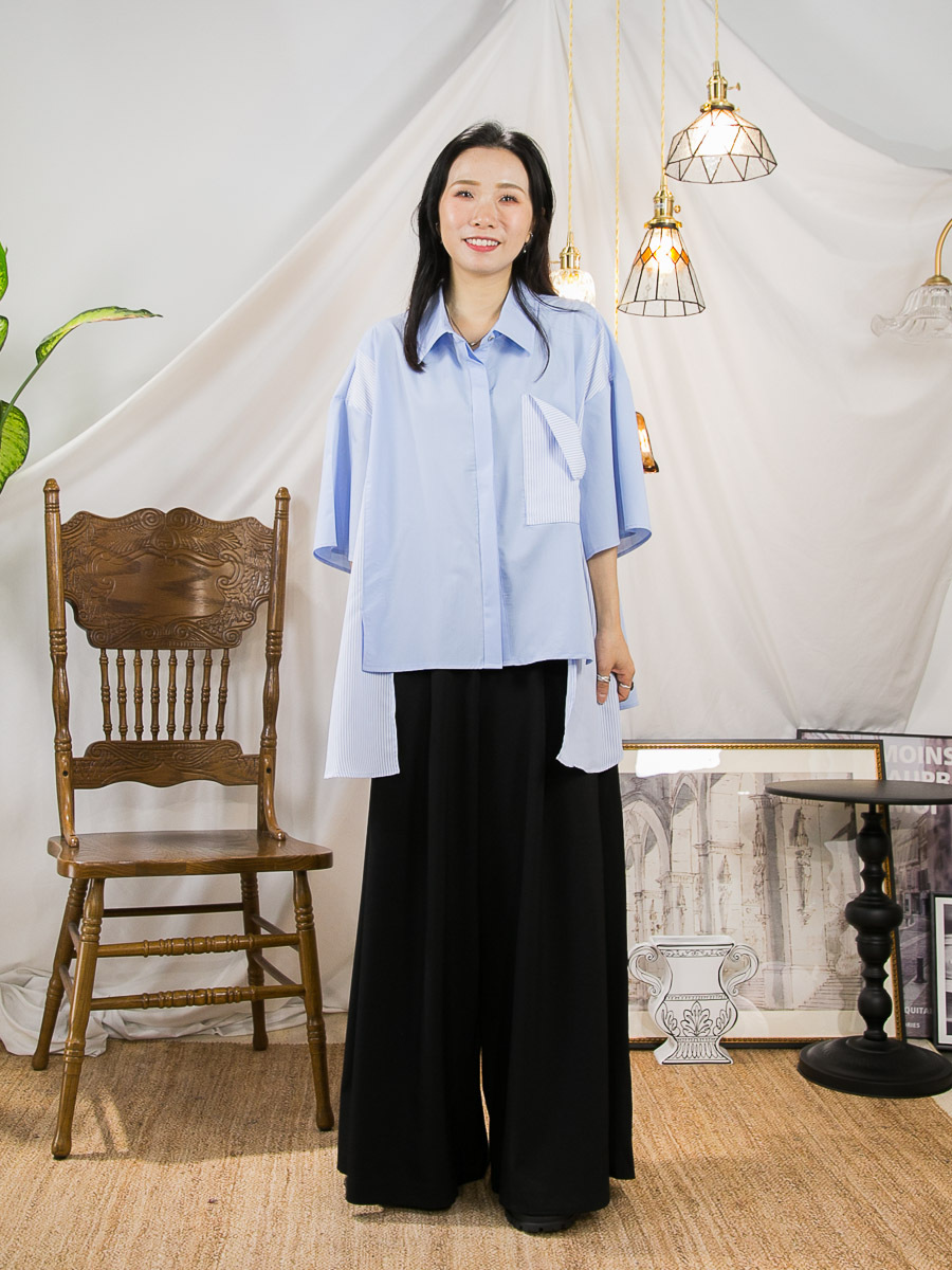 全開胸扣鈕．袋位 兩旁直紋．滑滑料TOP