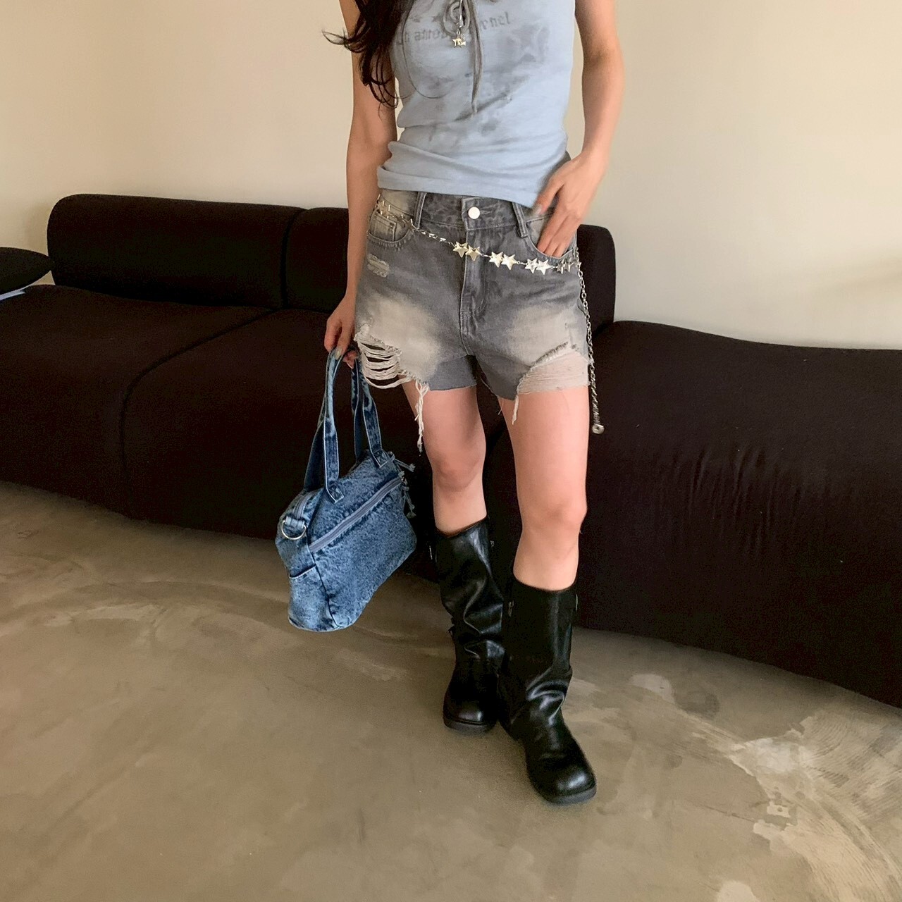 ISA_Y2K GIRL 朋克個性破壞感抽鬚牛仔短褲_63016