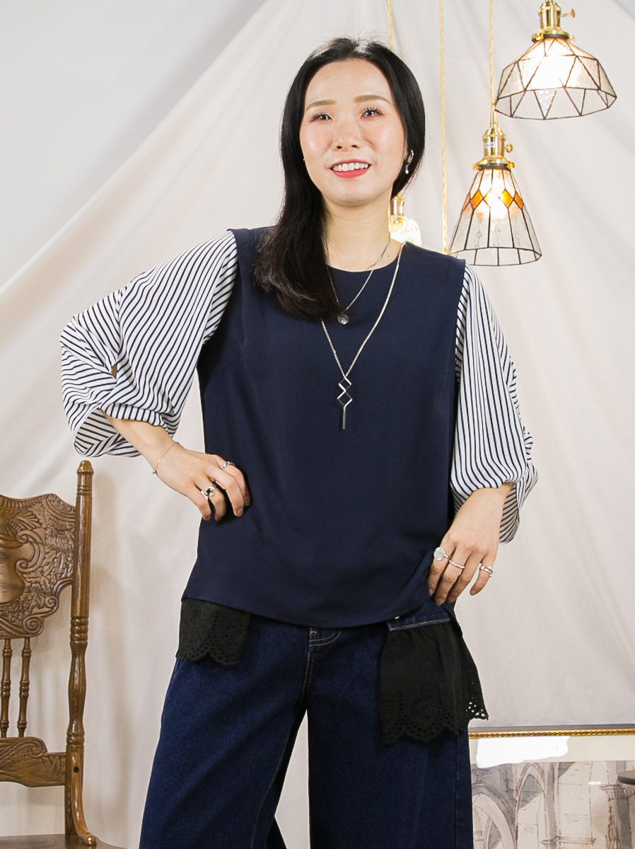 假頸鏈．手袖直紋 拼 淨色 雪紡料TOP