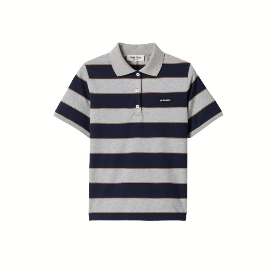 1DA0313-021 [MIU MIU] Striped Jersey Polo Shirt Blue/Grey #MJN53614RT/F005R/S (BR)