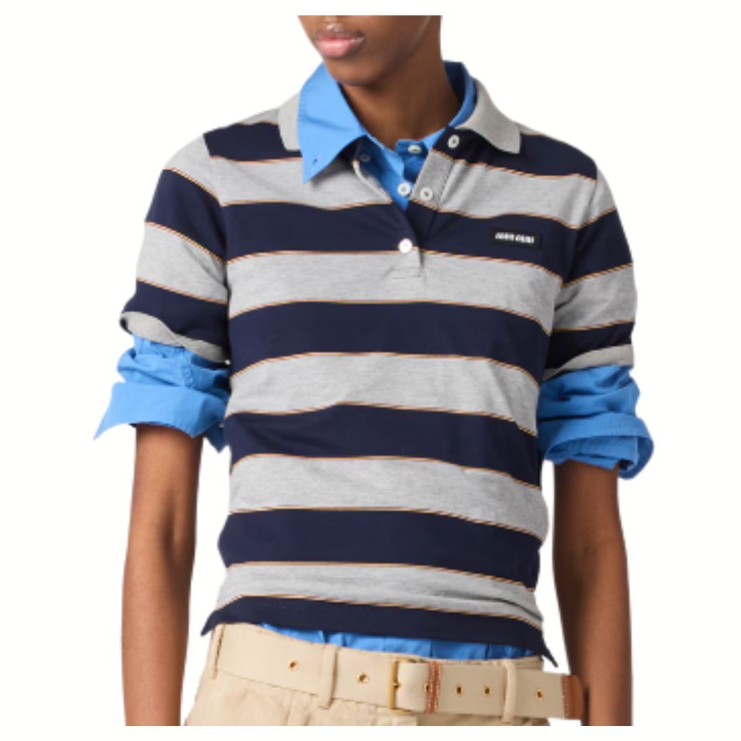 1DA0313-021 [MIU MIU] Striped Jersey Polo Shirt Blue/Grey #MJN53614RT/F005R/S (BR)