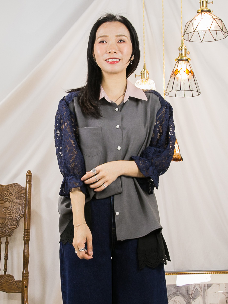 全開胸扣鈕．手袖 膊位LACE．反領位拼色．滑滑料TOP