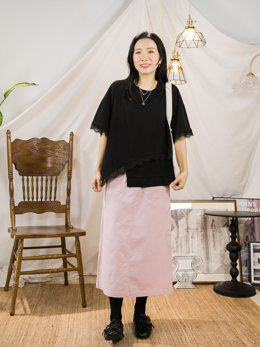 袖口 下擺LACE．不規則下擺．COTTON料TOP