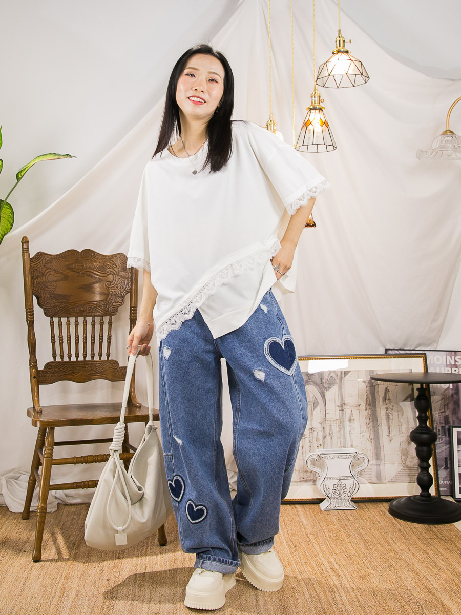 袖口 下擺LACE．不規則下擺．COTTON料TOP