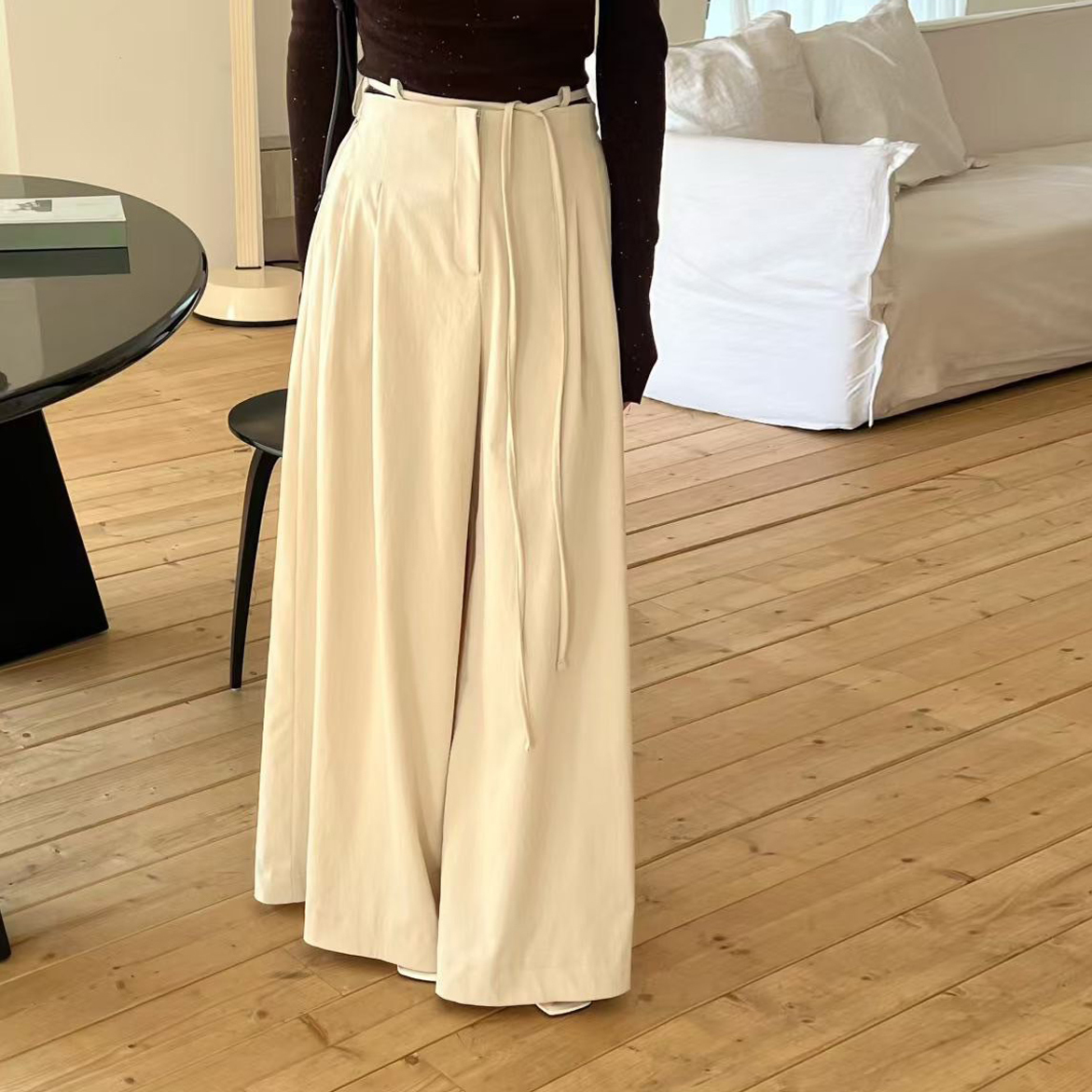 高腰綁帶造型百摺西裝寬褲長褲-S-M / 2色