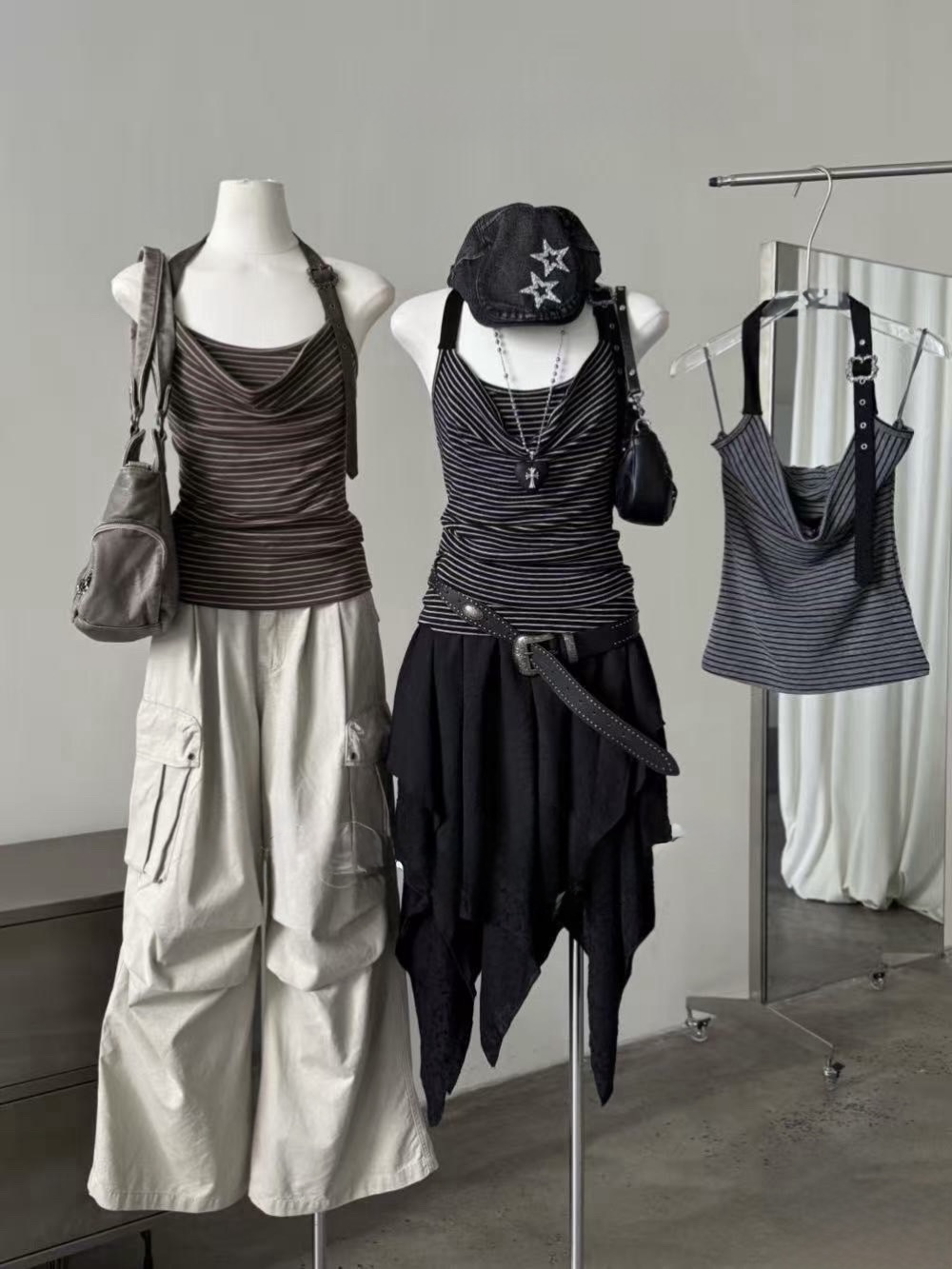 A147 現貨雕花調節掛脖條紋背心