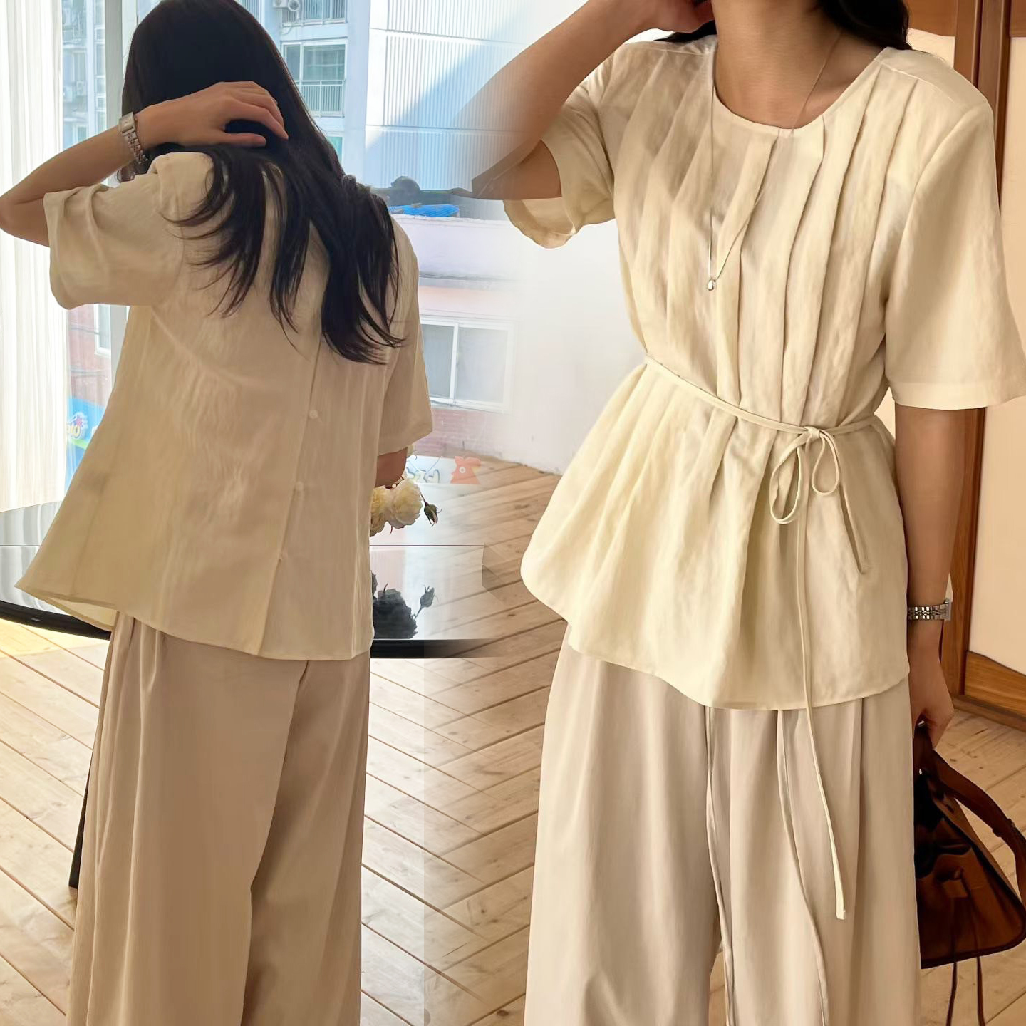 前壓摺圓領後排釦V領短袖上衣-附綁帶 / 2色