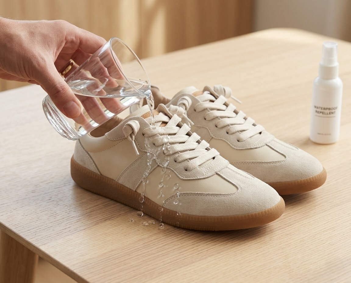 3M 防潑水技術染製實測,水珠在白色麂皮與米色牛皮上輕易滑落。艾蜜莉德訓鞋讓淺色系鞋款保養變得超級簡單,抗污、防雨、好清潔。