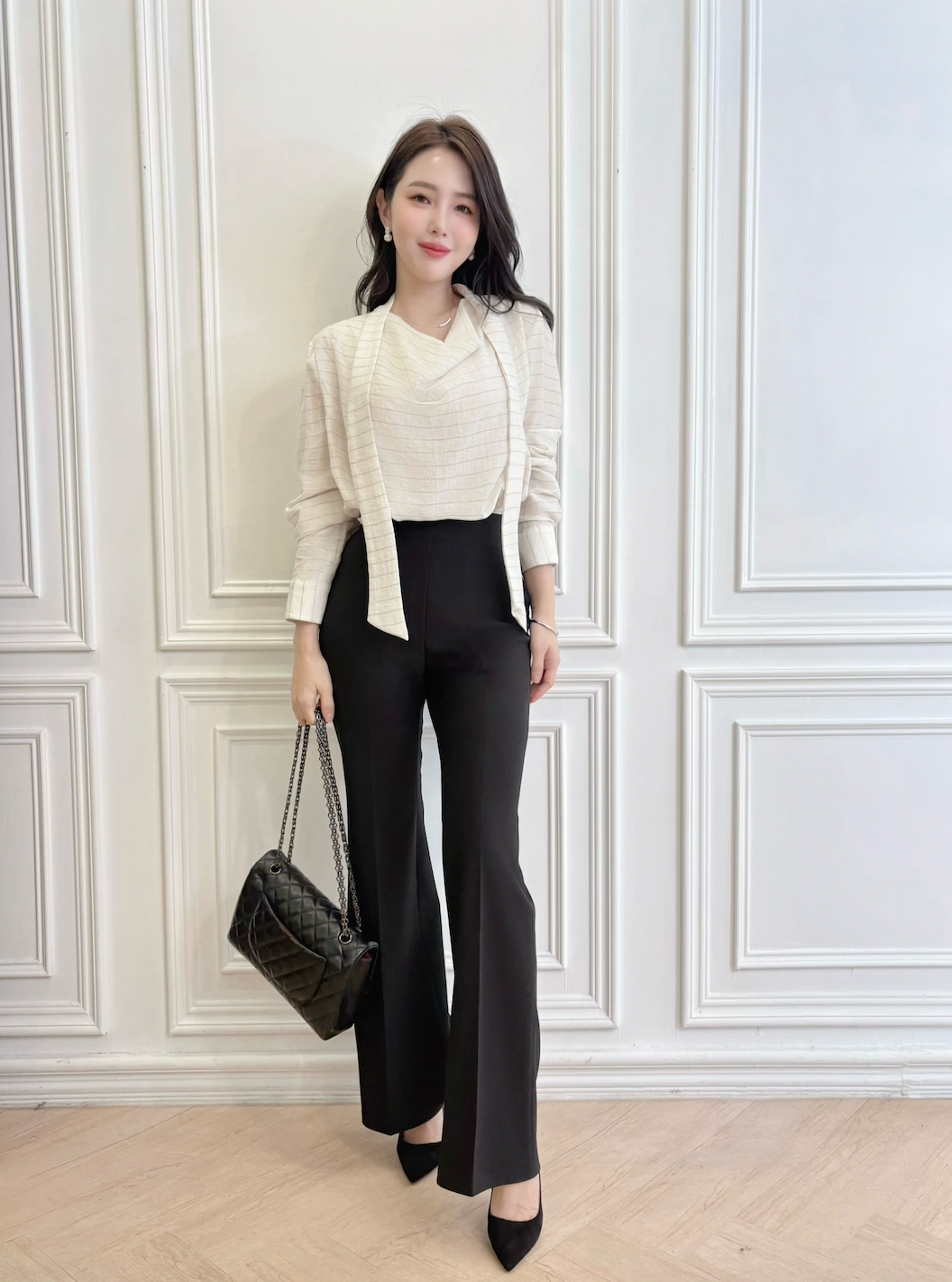 揉皺感垂墜領條紋領巾上衣