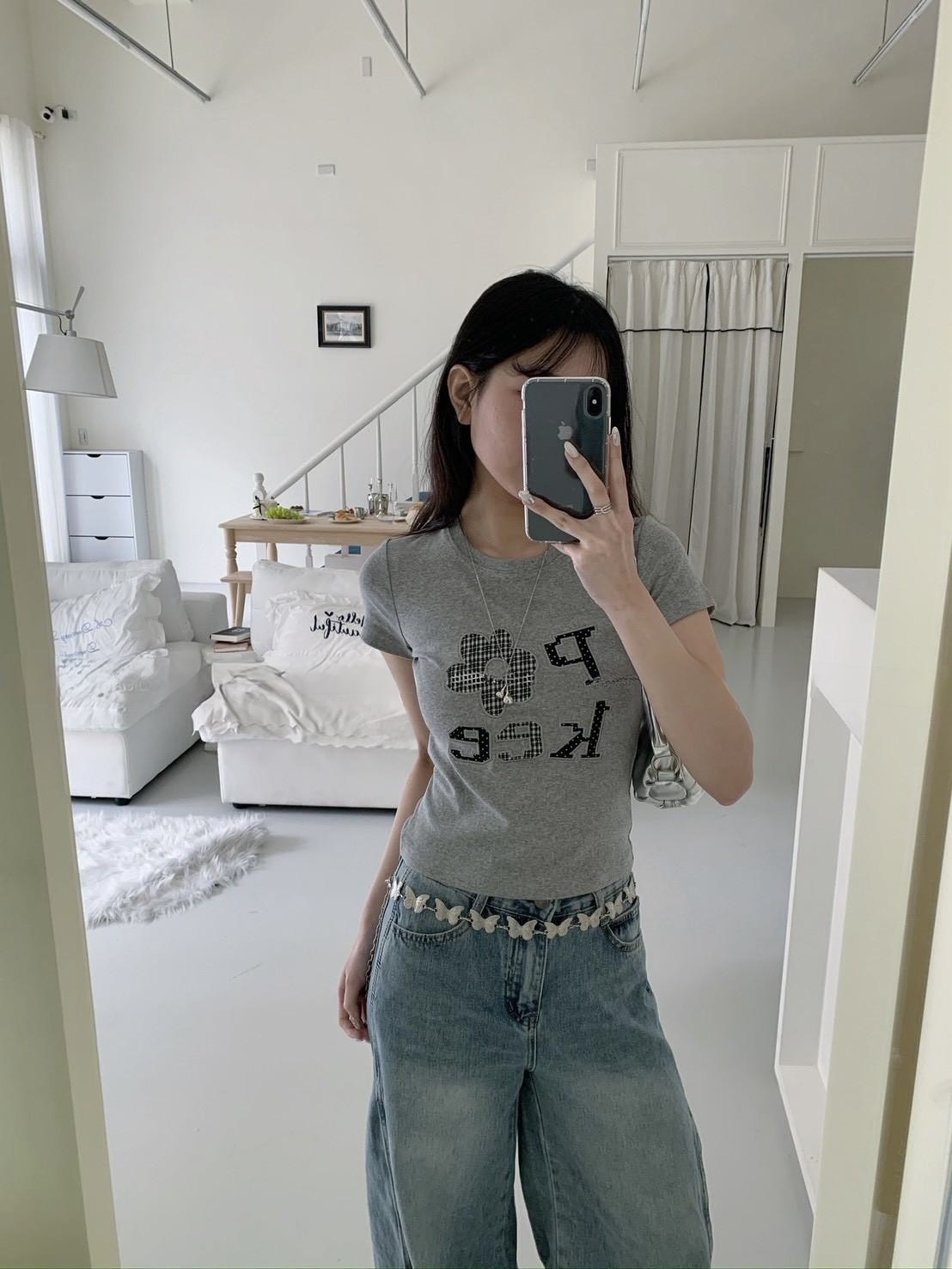 A04 現貨格紋花卉印花短袖上衣