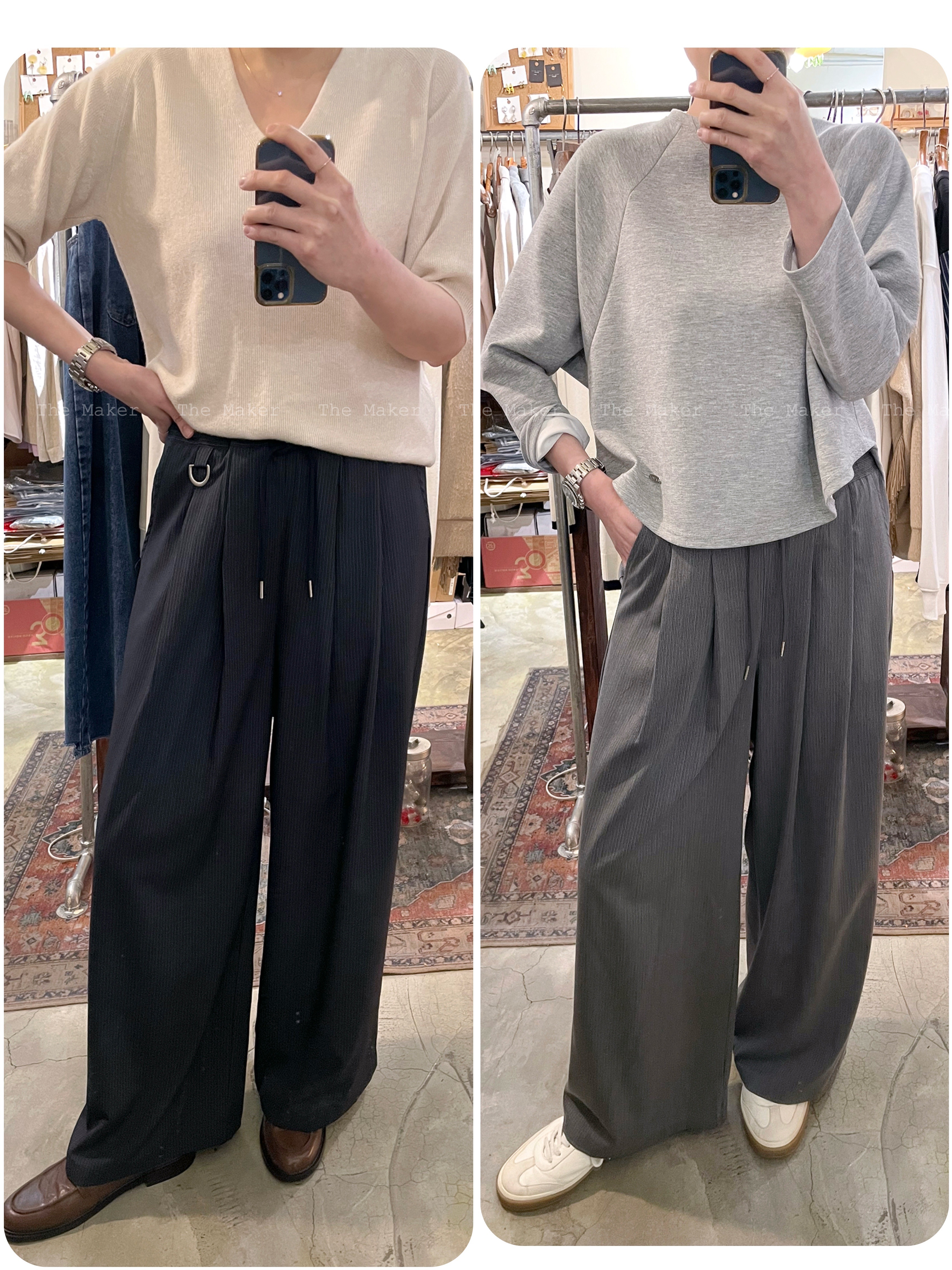 🩶 滑料間條闊筒褲 💙