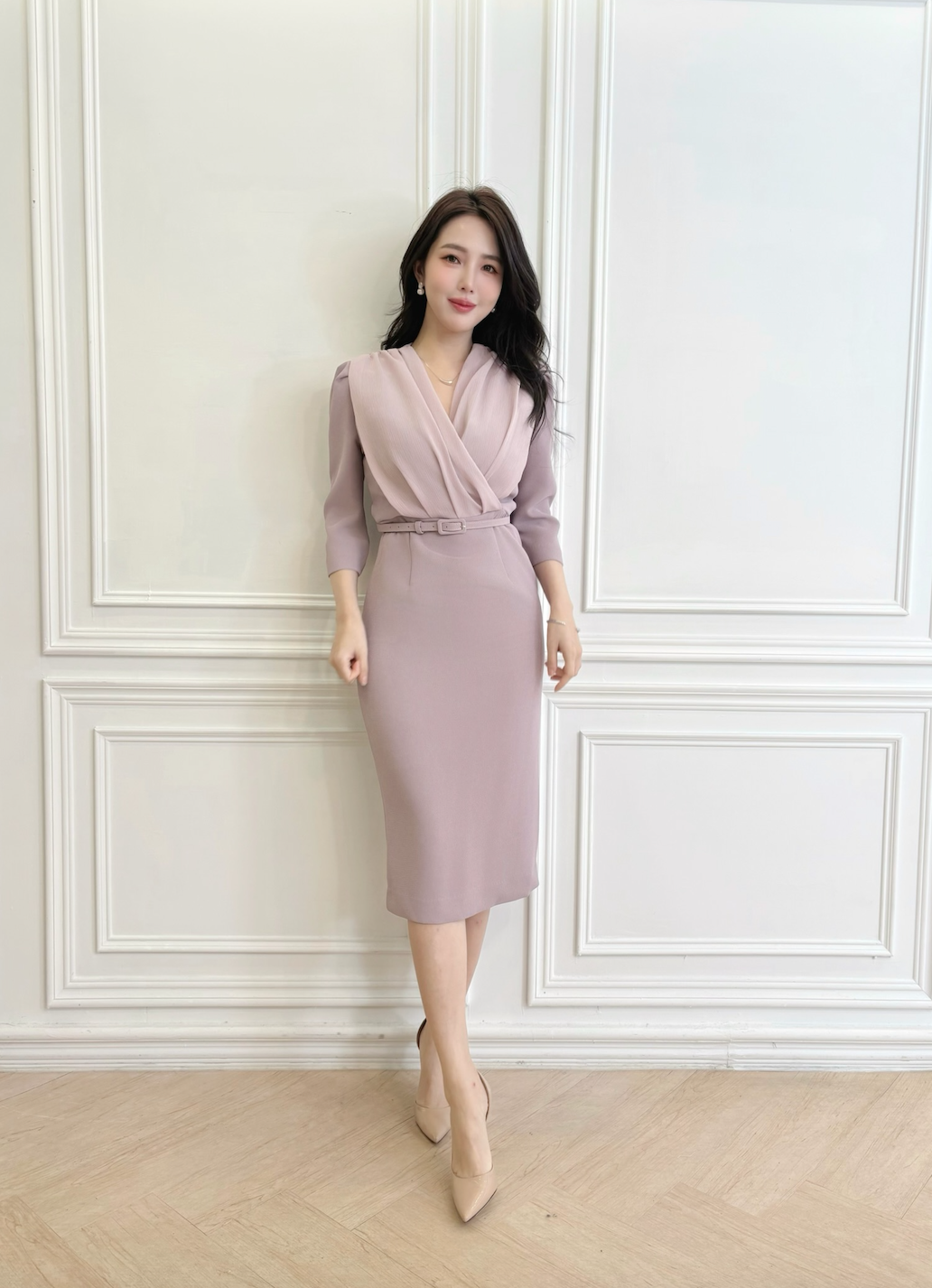 絕美V領抓摺透紗洋裝