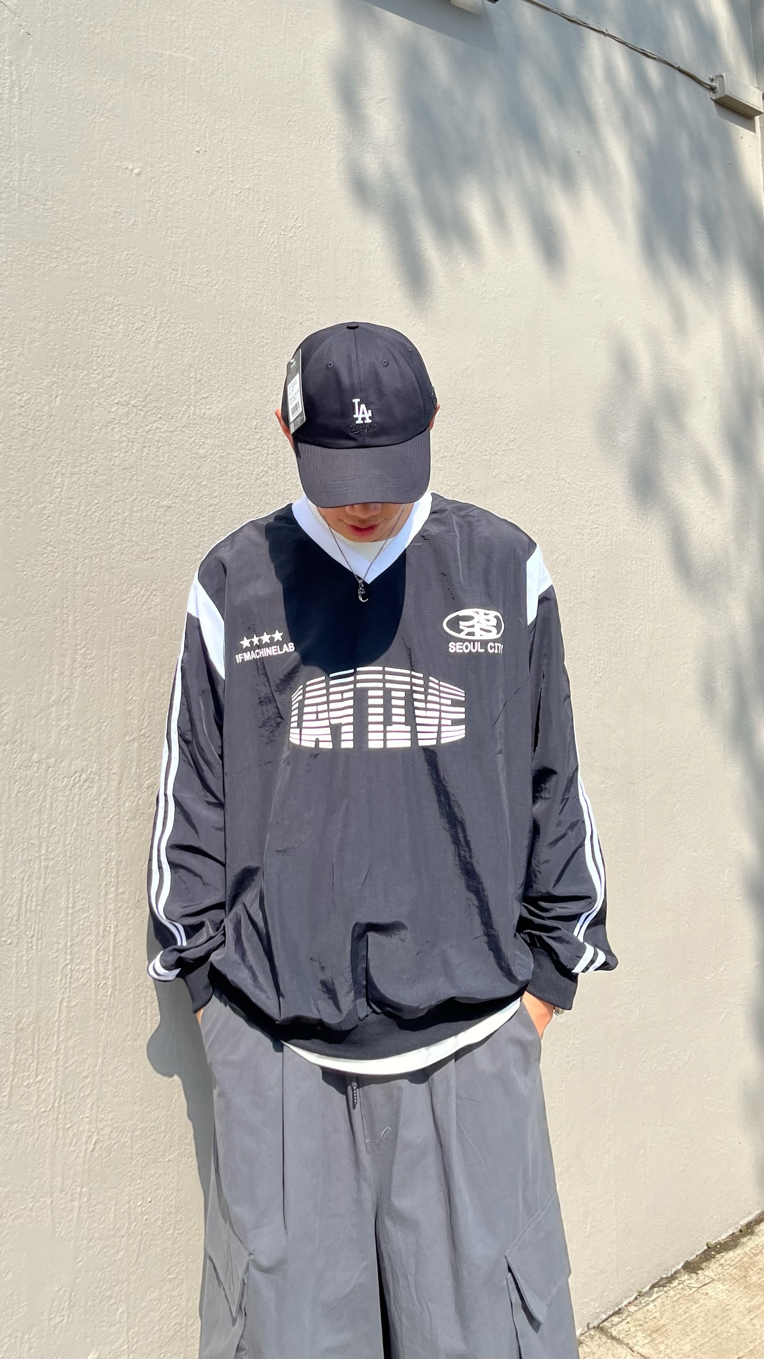 美式條紋字V領風衣 (2colors)