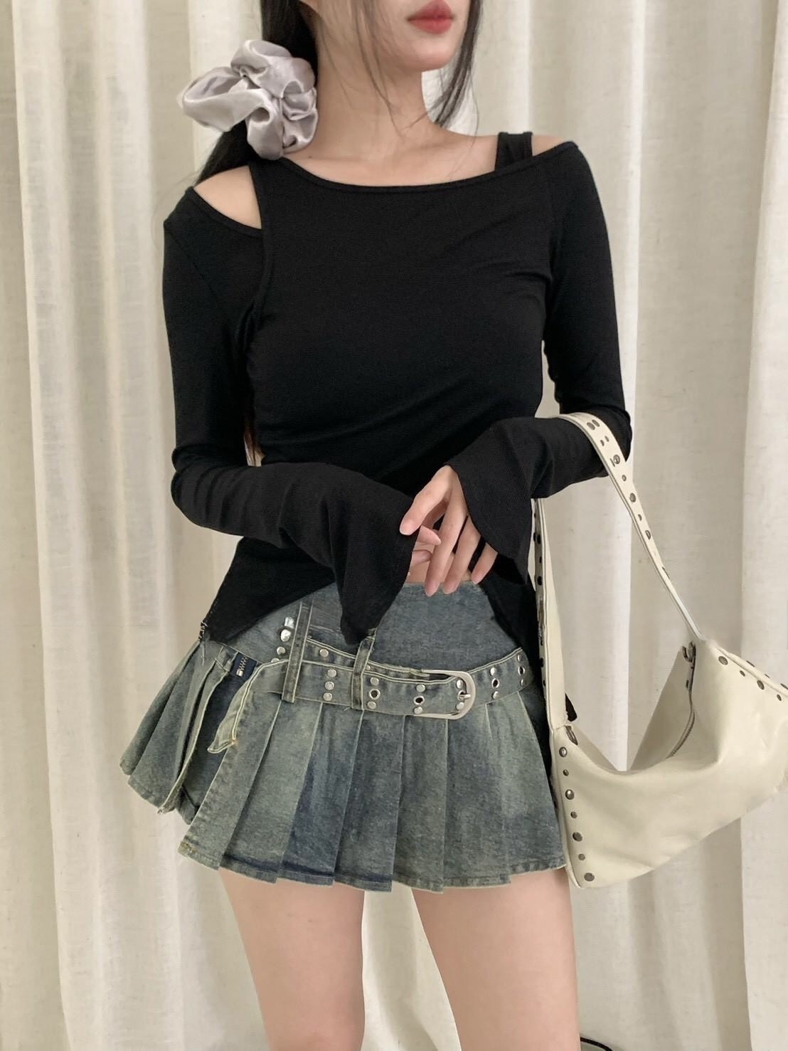 A26 現貨辣妹百褶自帶安全褲牛仔裙