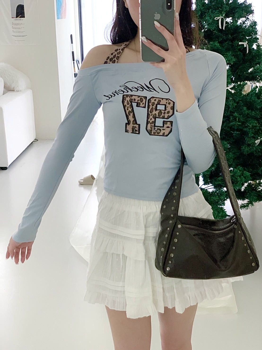 A20 現貨字母刺繡豹紋拼接綁帶假兩件平口上衣