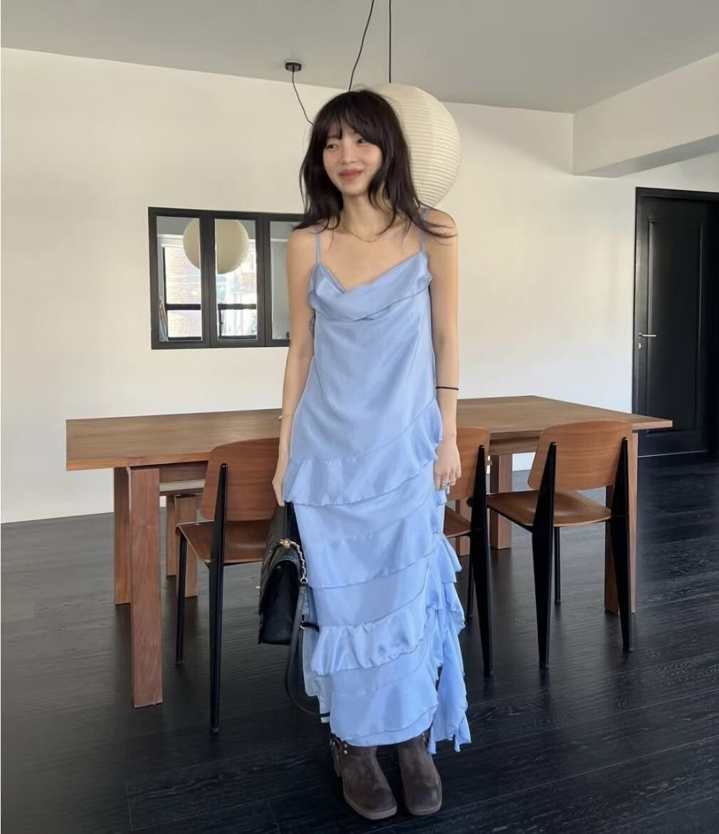 細肩帶垂墜領口造型蛋糕裙擺長洋裝 / 3色