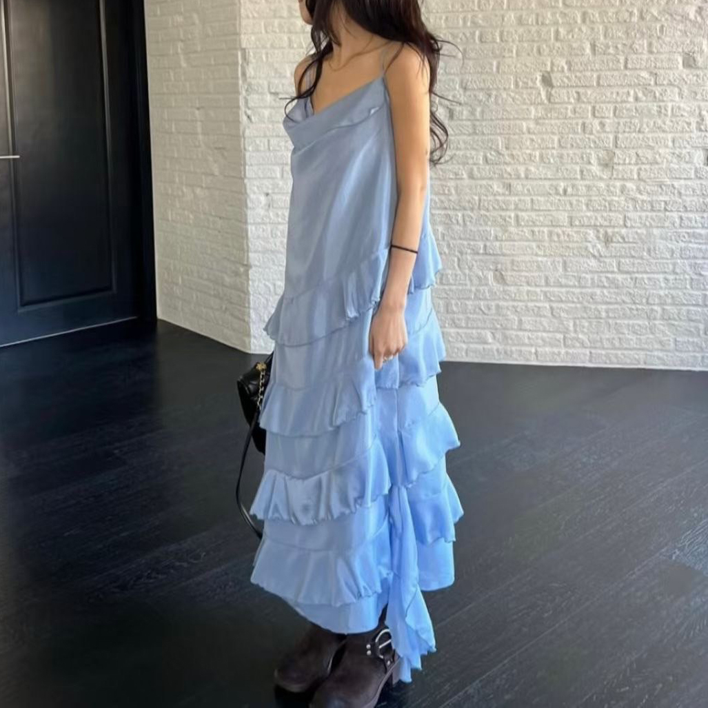 細肩帶垂墜領口造型蛋糕裙擺長洋裝 / 3色