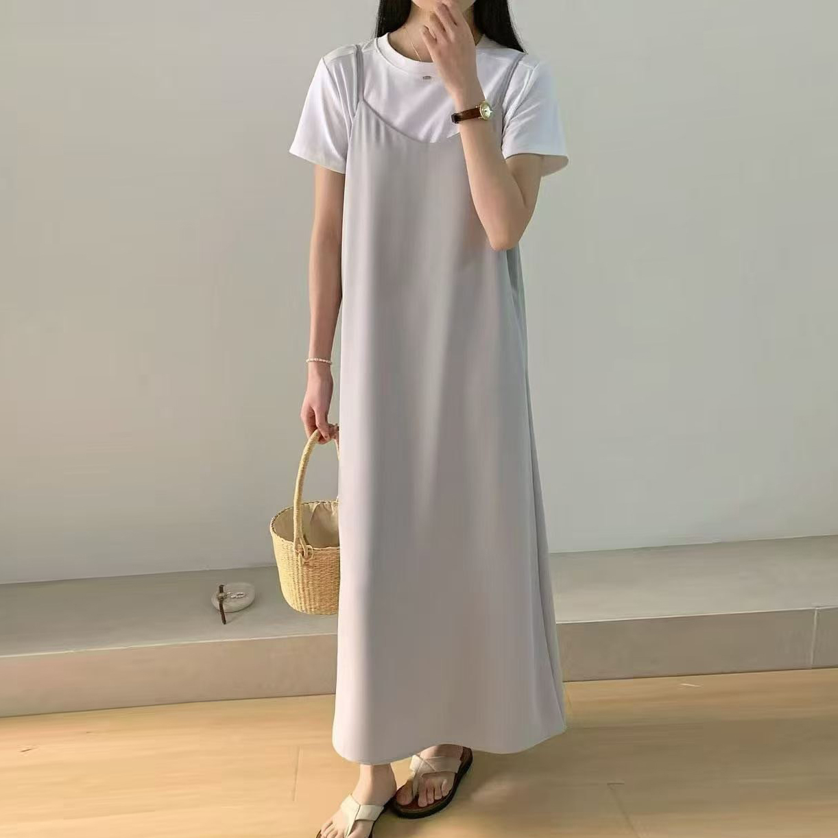 溫柔感細肩帶素面背心裙長洋裝 / 4色