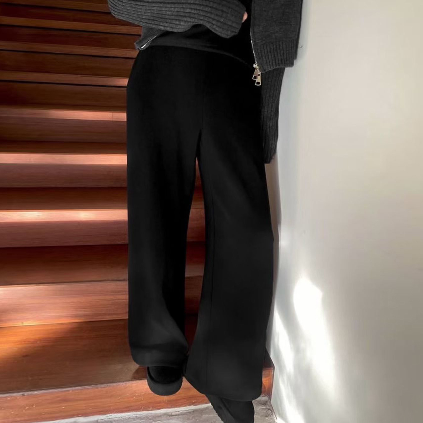 百搭色系鬆緊腰直筒西裝褲長褲-F / 3色