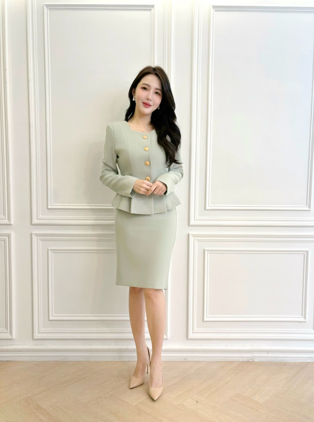 下擺百褶腰身窄裙套裝