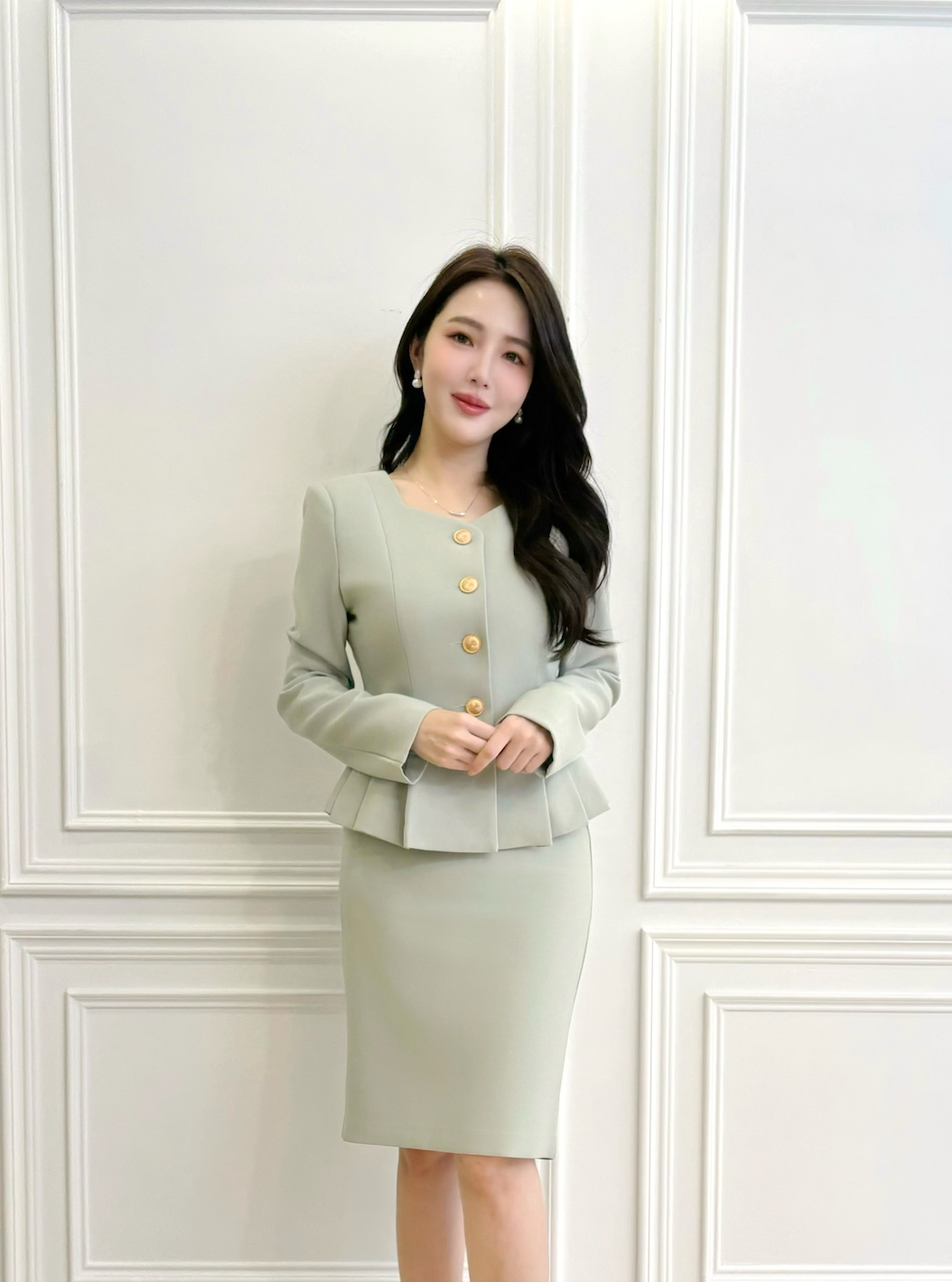 下擺百褶腰身窄裙套裝