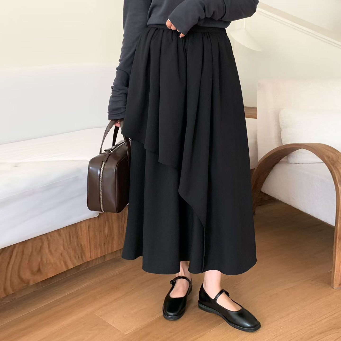 鬆緊腰不對稱斜切裙擺造型長裙-F / 2色