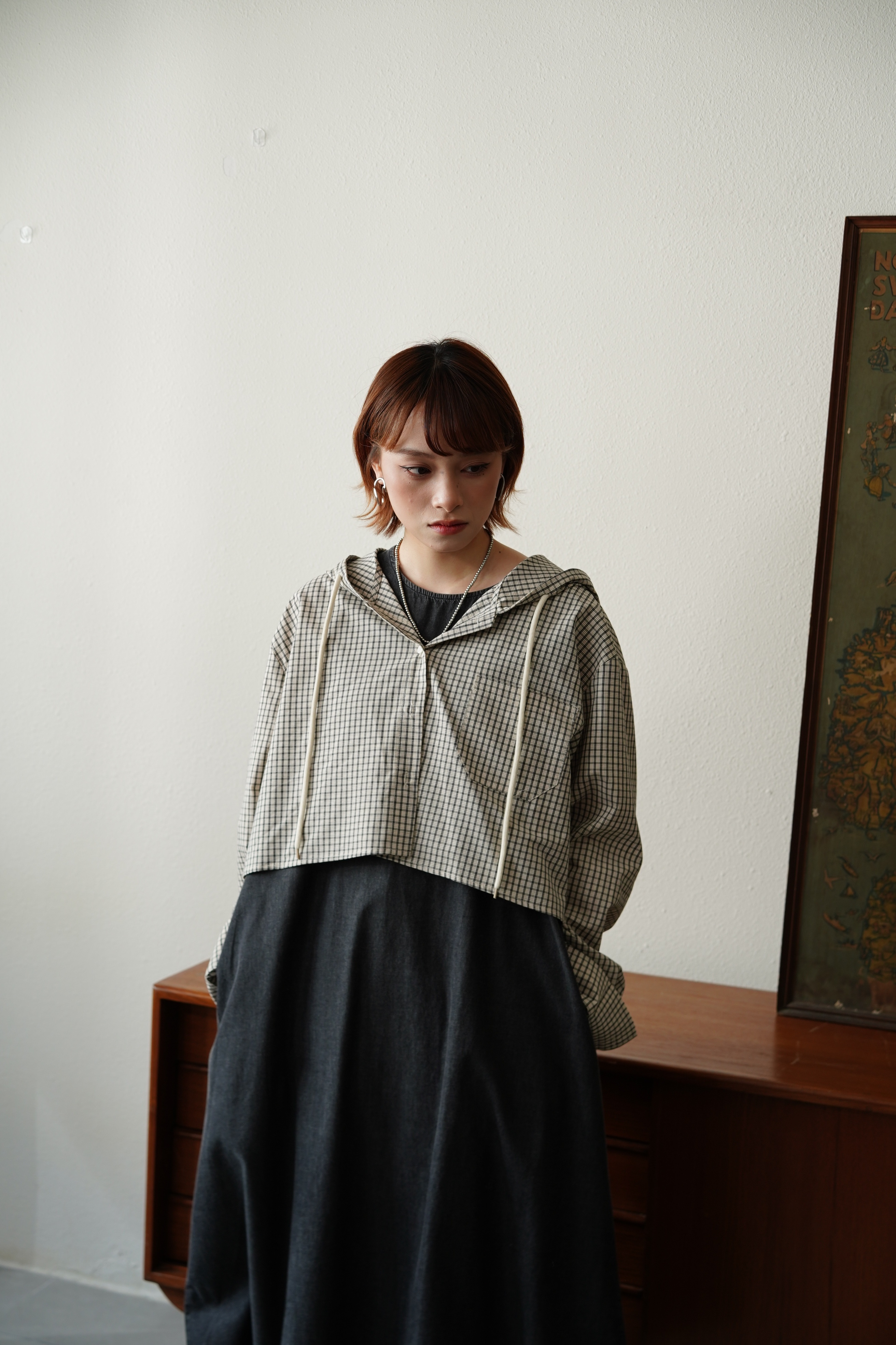 大帽子格仔開胸上衣 - JK53834