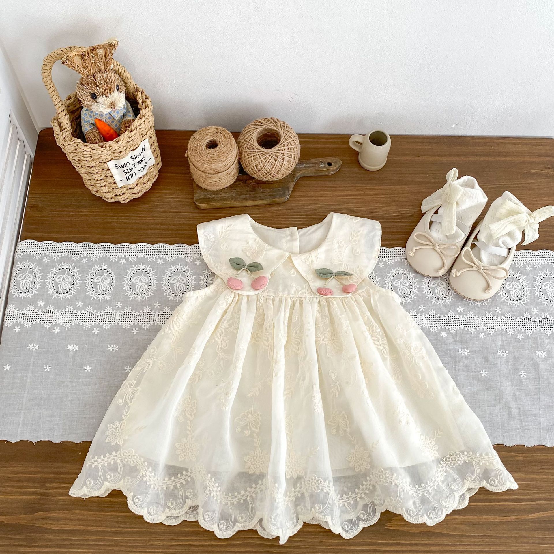 【H0504】甜美櫻桃領刺繡蕾絲洋裝(73-120)