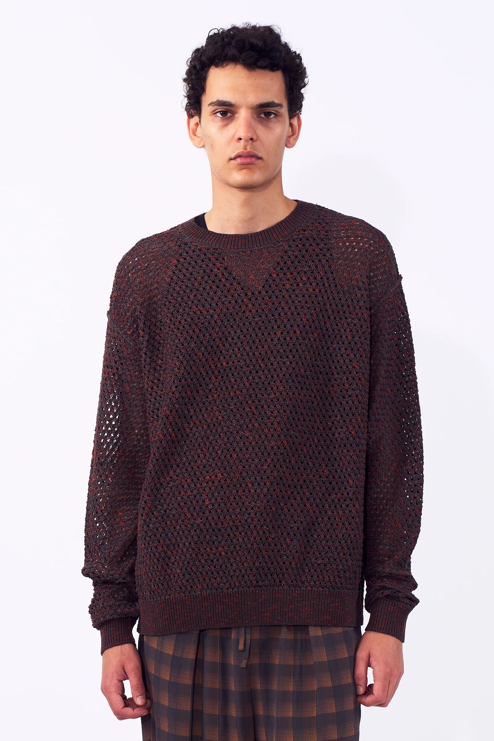 YOKE MESH KNIT CREWNECK SWEATER