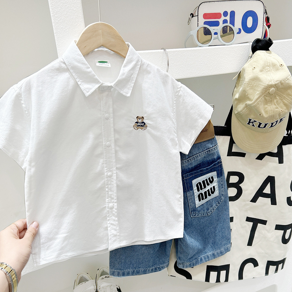 【H0506】韓系寬鬆刺繡小熊襯衫(90-150)