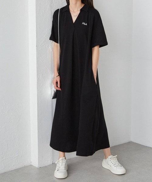 【預購】J0312602  FILA 鹿子布A字A字傘擺Polo開襟連身裙  黑色