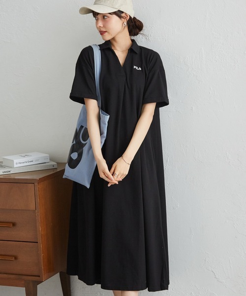 【預購】J0312602  FILA 鹿子布A字A字傘擺Polo開襟連身裙  黑色