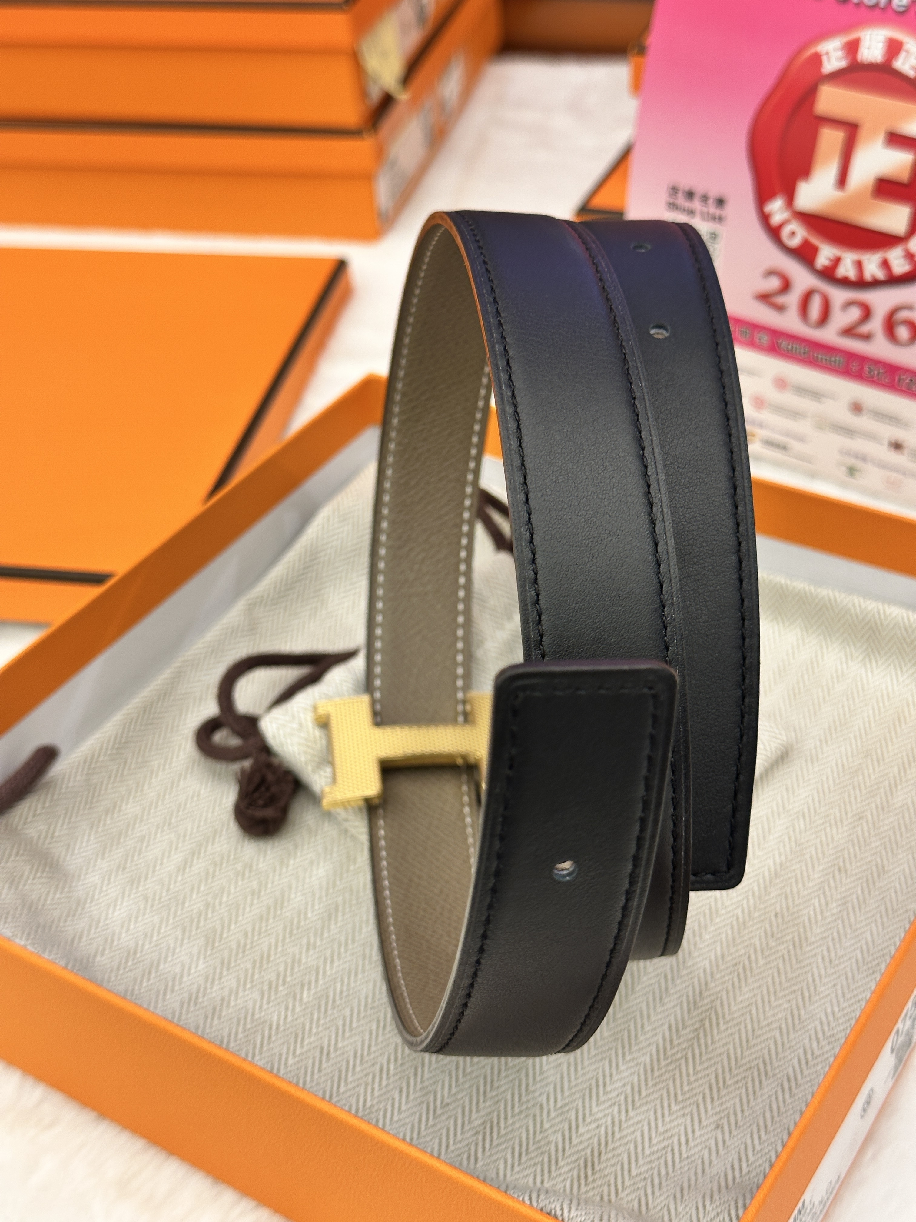 Hermes belt 24mm black/étoupe H lozenge buckle-80cm