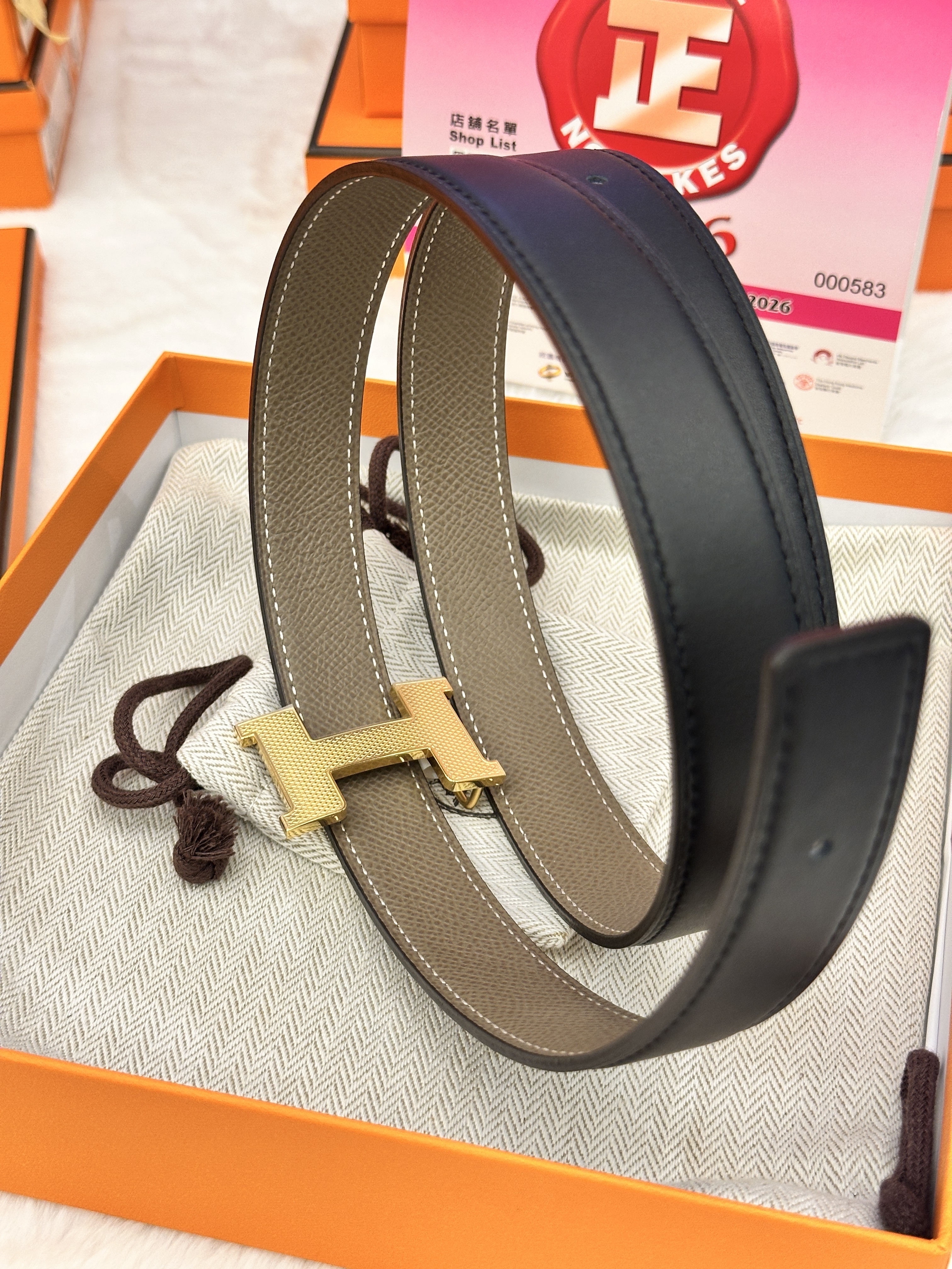 Hermes belt 24mm 80cm étoupe/black