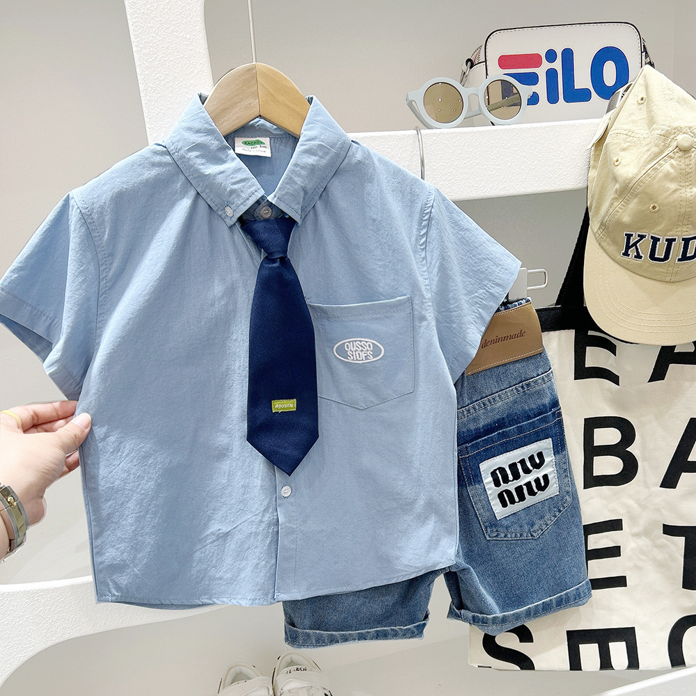 【H0507】韓系帥氣領帶刺繡口袋襯衫(100-150)
