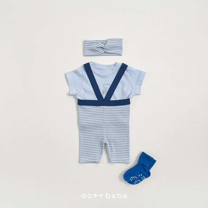 正韓夏oottbebe 嫩嬰五色條紋吊帶包屁褲