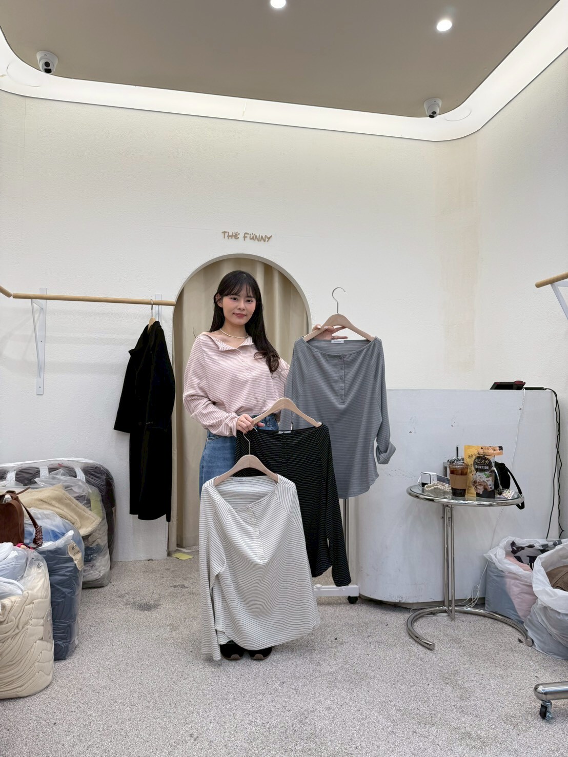 FP6024 一字肩長袖條紋T