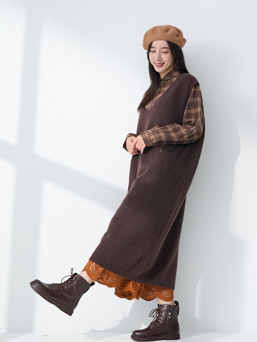 素色針織背心洋裝格紋洋裝純棉寬褲組合